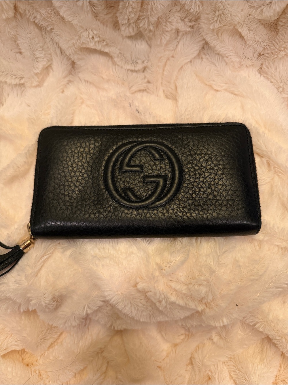 Gucci Black Embossed GG Zip Wallet with Tassel